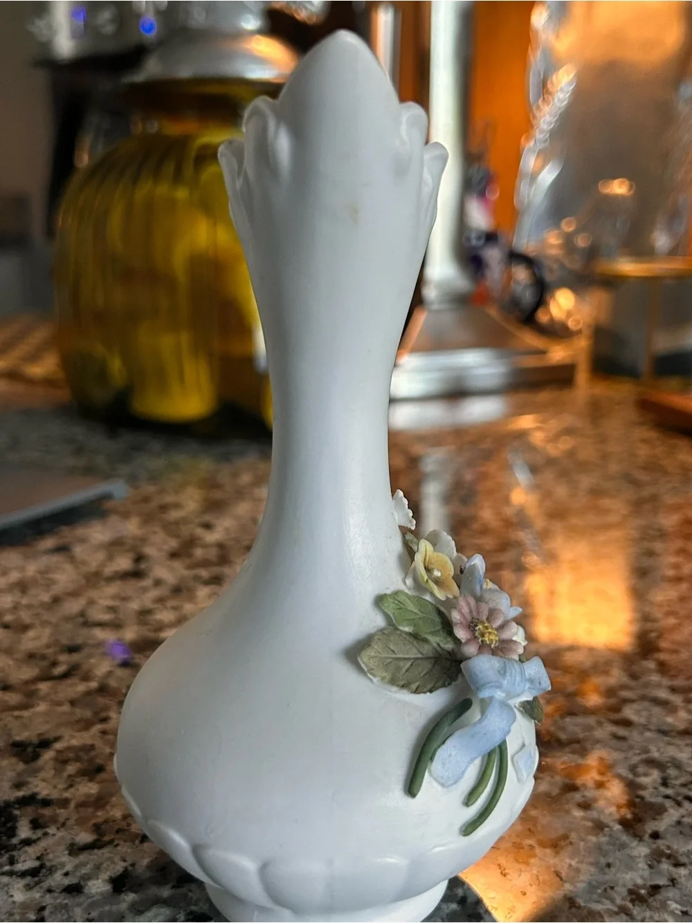 Kelvin’s White Porcelain Floral Bud Vase with Hand-Painted Flowers